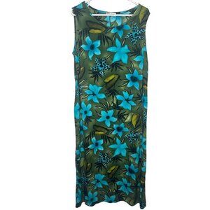 J.W. Treci Sleeveless Maxi Dress Women Size 22 Green & Blue Floral Tropical